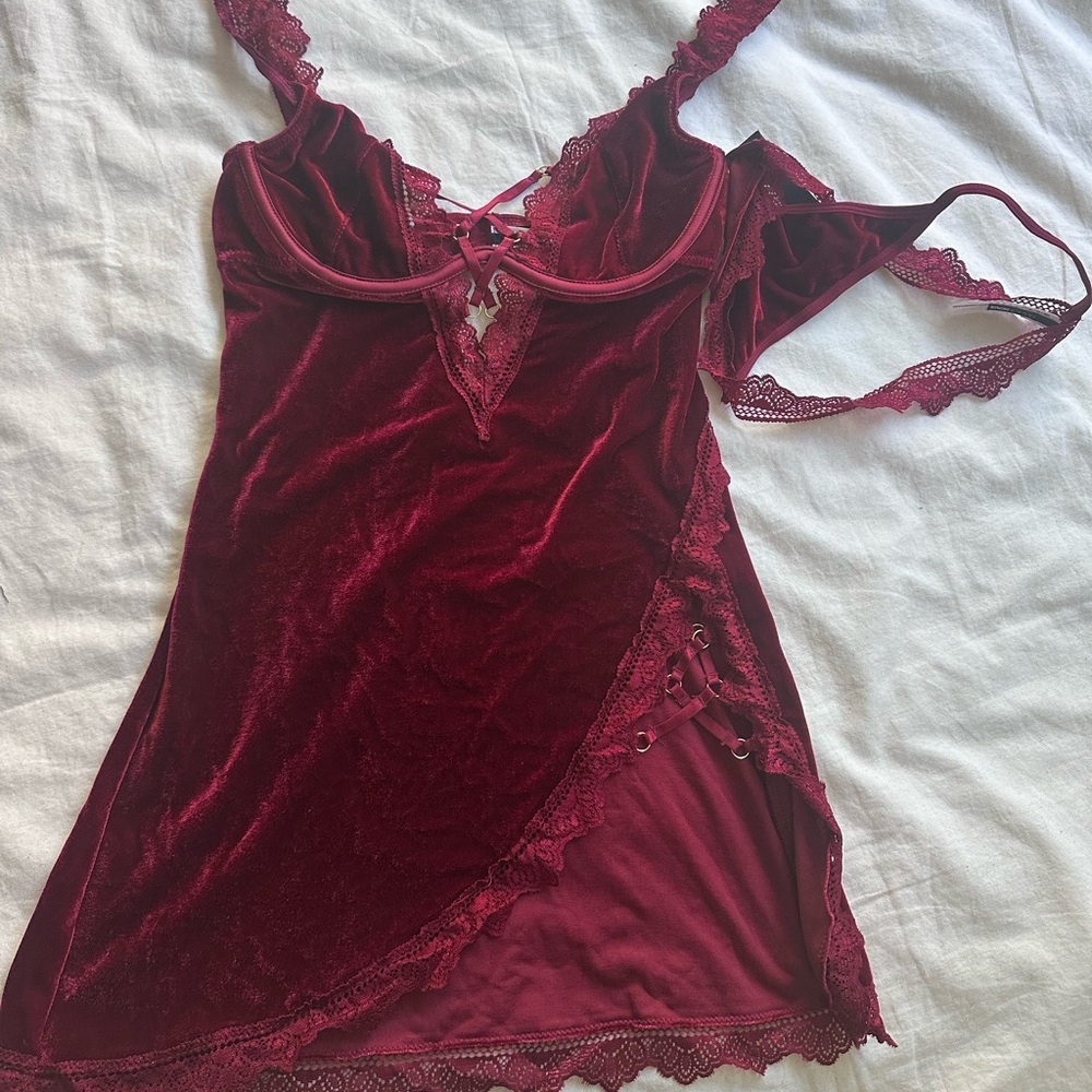 Velvet Lace Trim Chemise - Burgundy